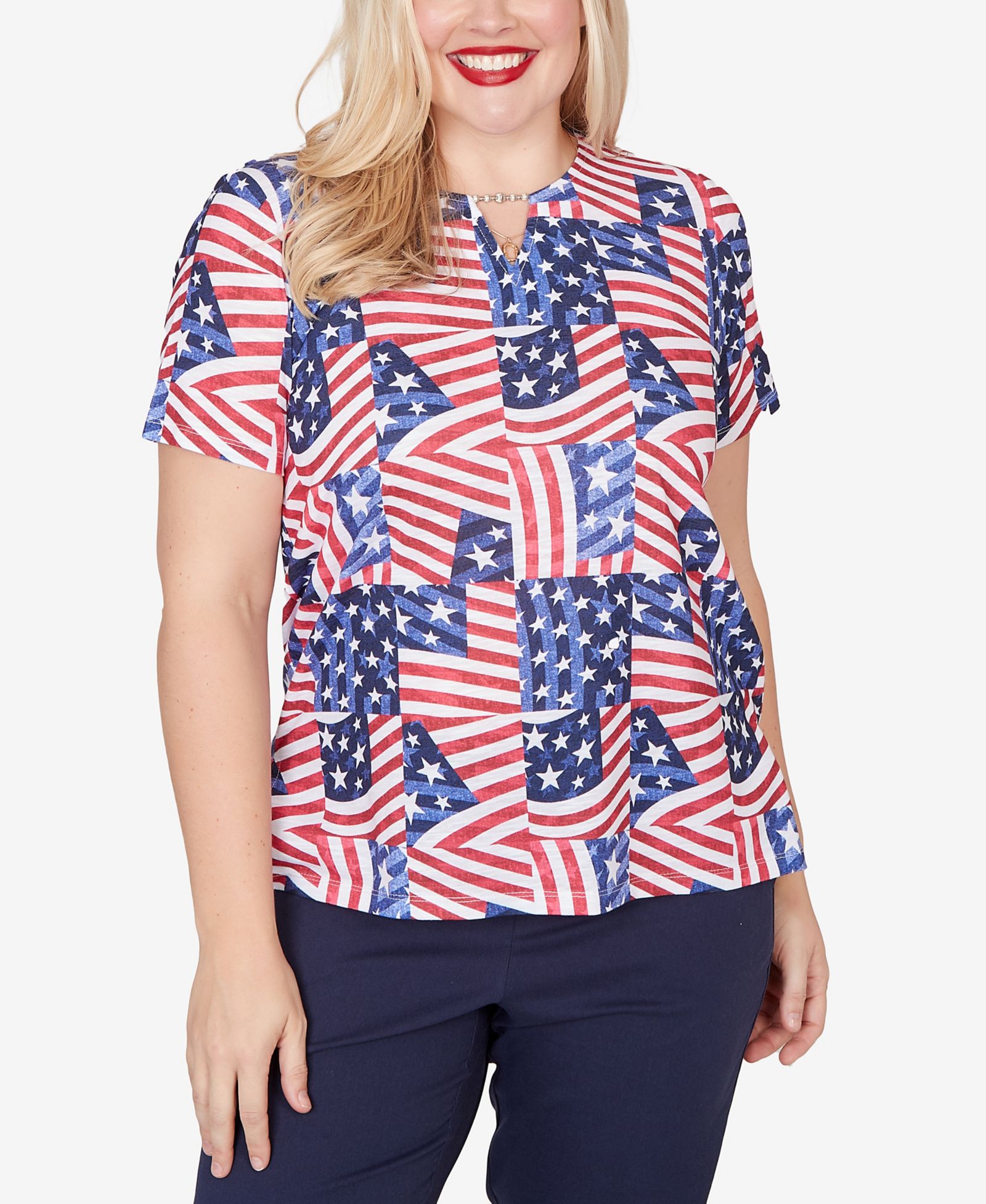 Alfred Dunner Petite Lady Liberty American Flag Patchwork Short-Sleeve T-Shirt