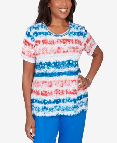Alfred Dunner Женская футболка Petite Lady Liberty Americana Tie-Dye Stripes
