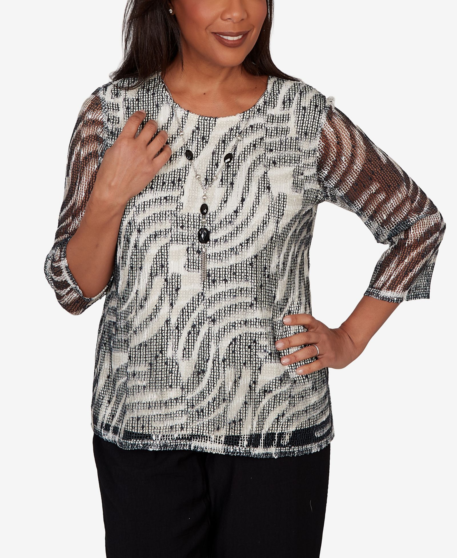 Alfred Dunner Petite Detail Driven Animal Popcorn Embellished Top with Necklace