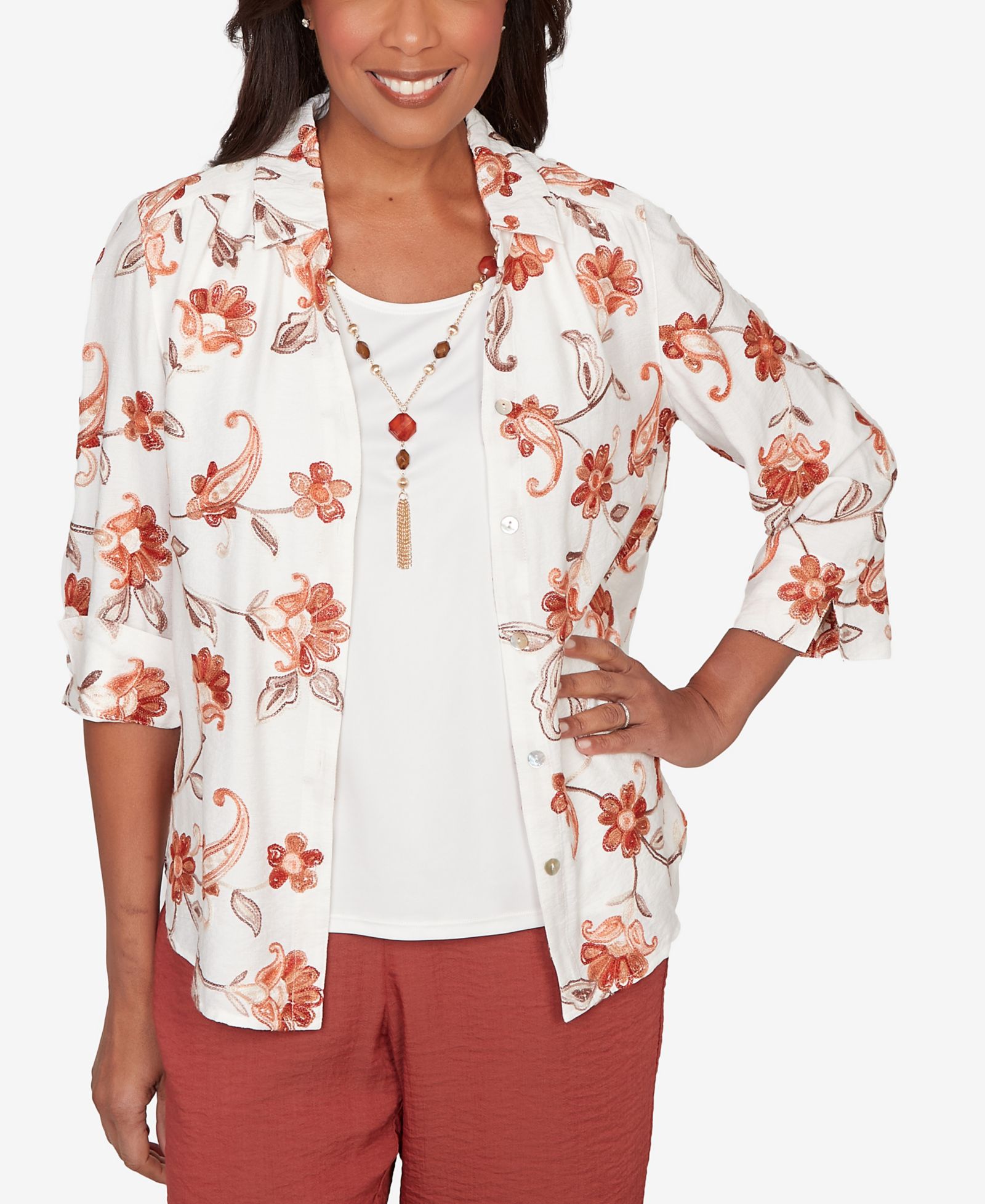 Женский топ Alfred Dunner Petite Spice Market Paisley Floral Collared Two-In-One с ожерельем