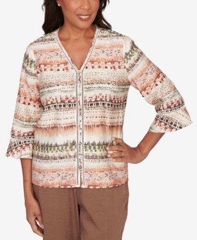 Топ Alfred Dunner Petite Spice Market Biadere Stripe Center Seam V-Neck