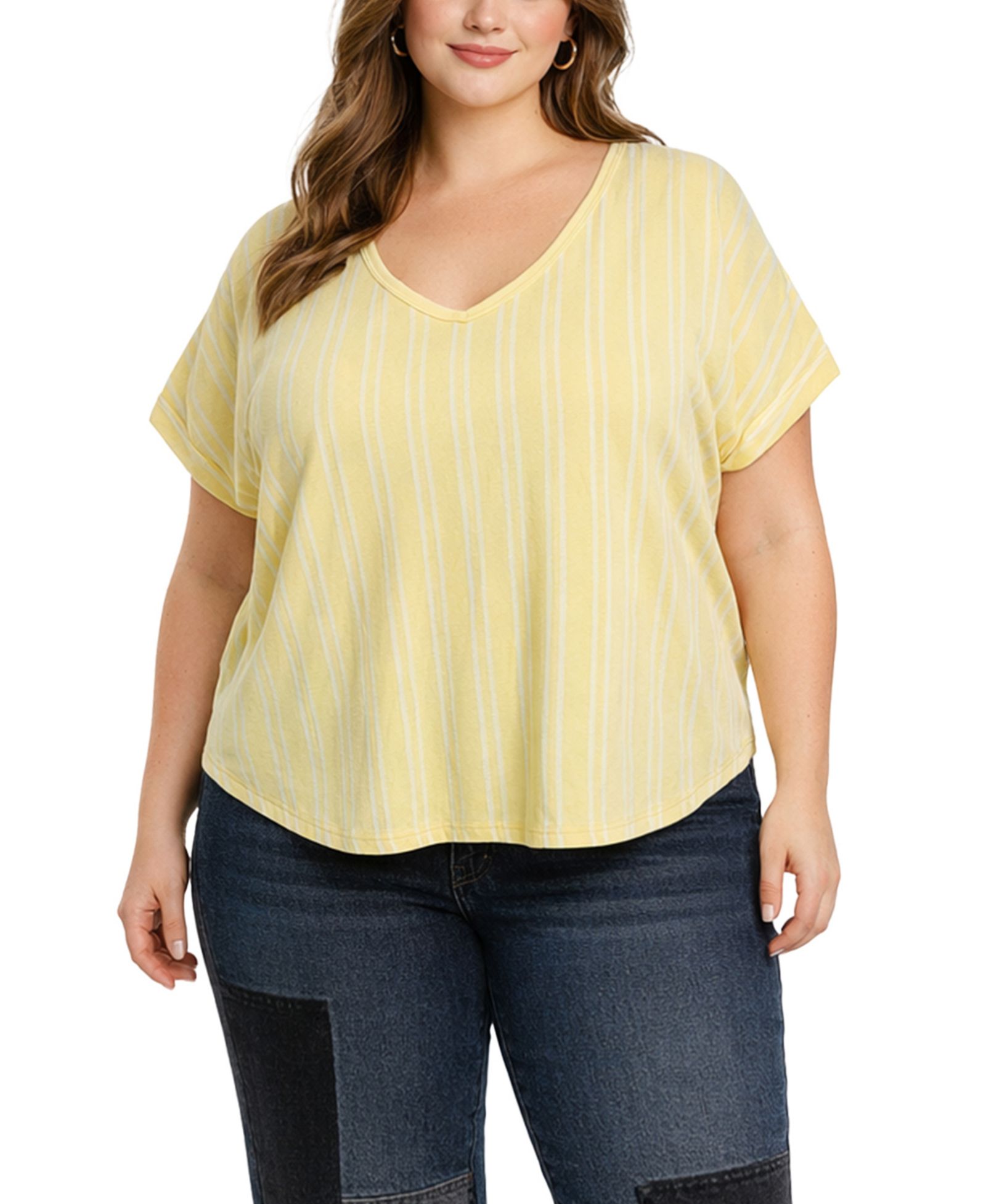 Топ COIN 1804 Plus Size в вертикальную полоску с подвернутыми рукавами