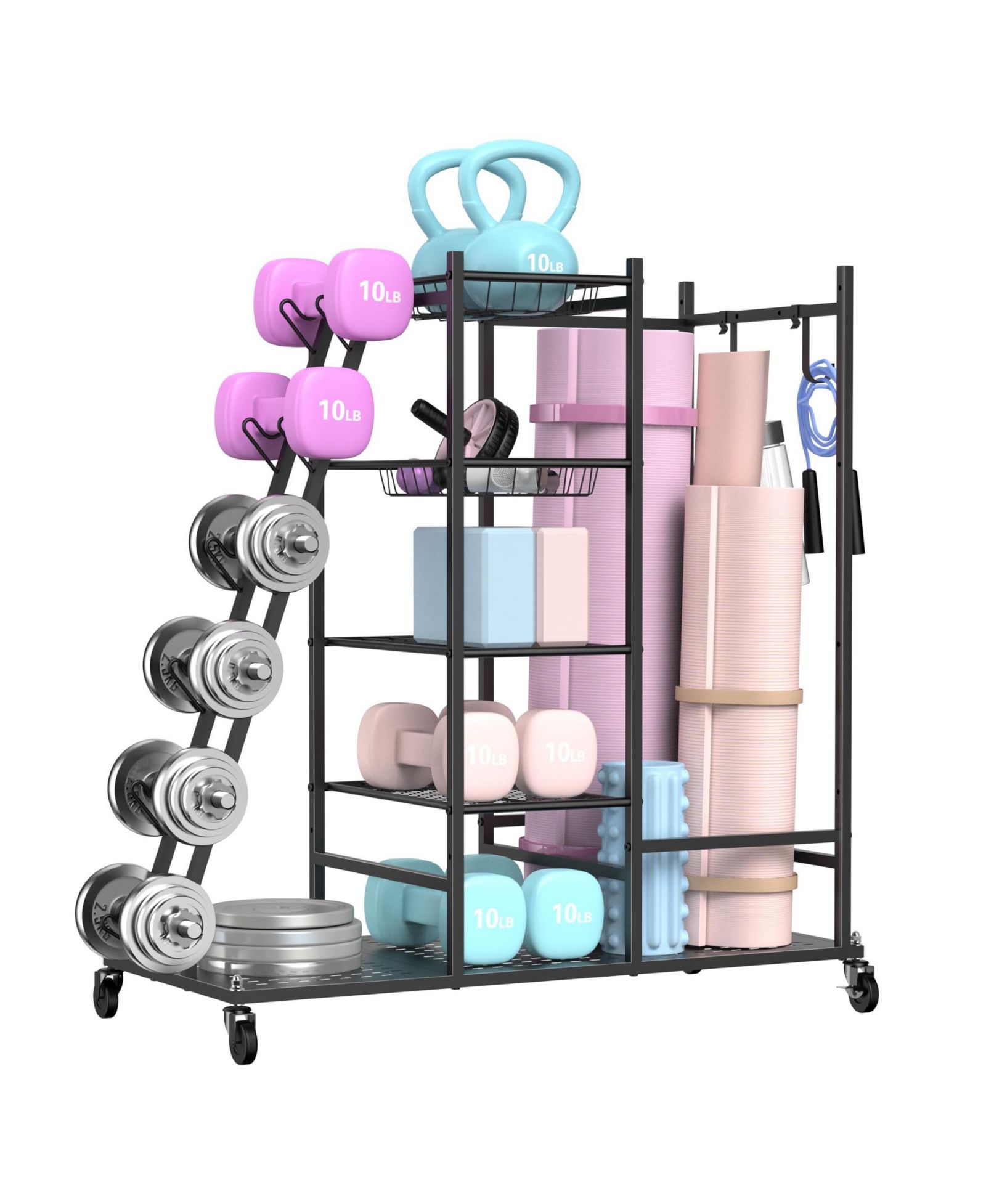 Mythinglogic Home Gym Storage with Lockable Wheels for Dumbbells Yoga Mat