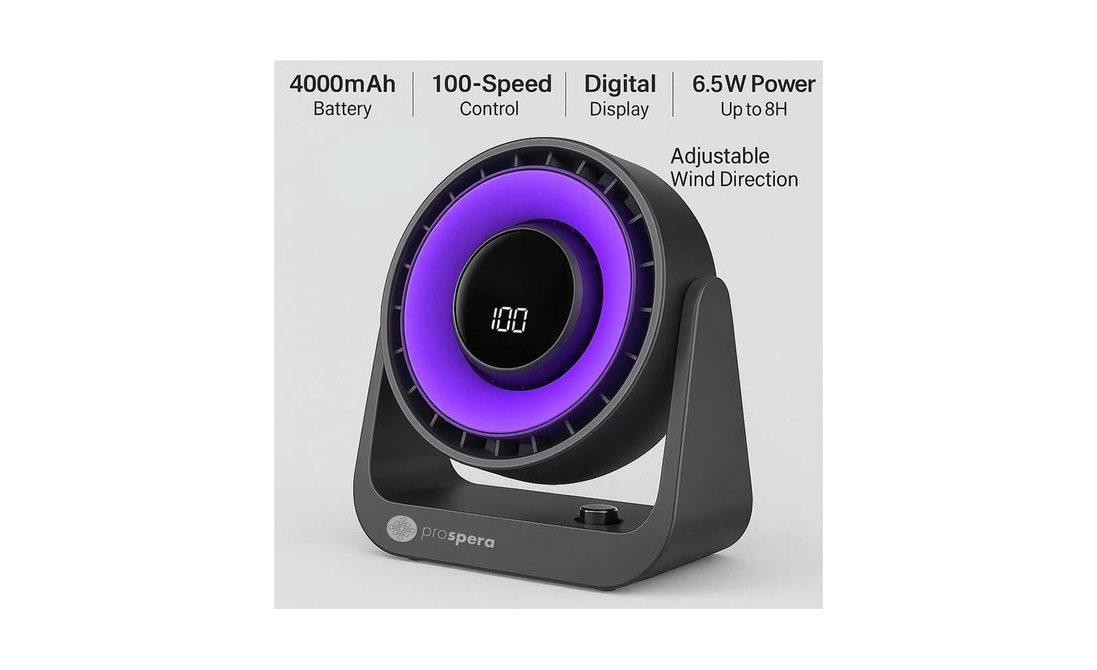 Turbo Yoga Fan, Precision 100-Speed Digital Cooling Fan with Whisper-Quiet Airflow, Adjustable Tilt and Rechargeable Power