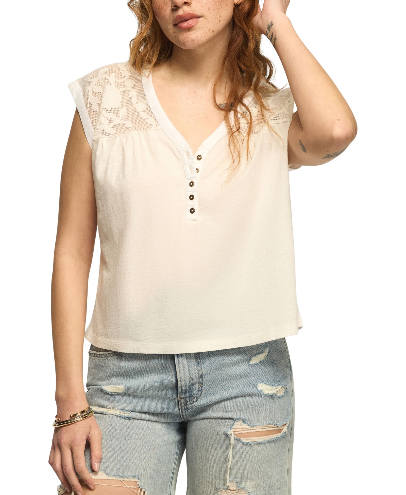 Lucky Brand Women's V-Neck Mesh Embroidered Yoke T-Shirt