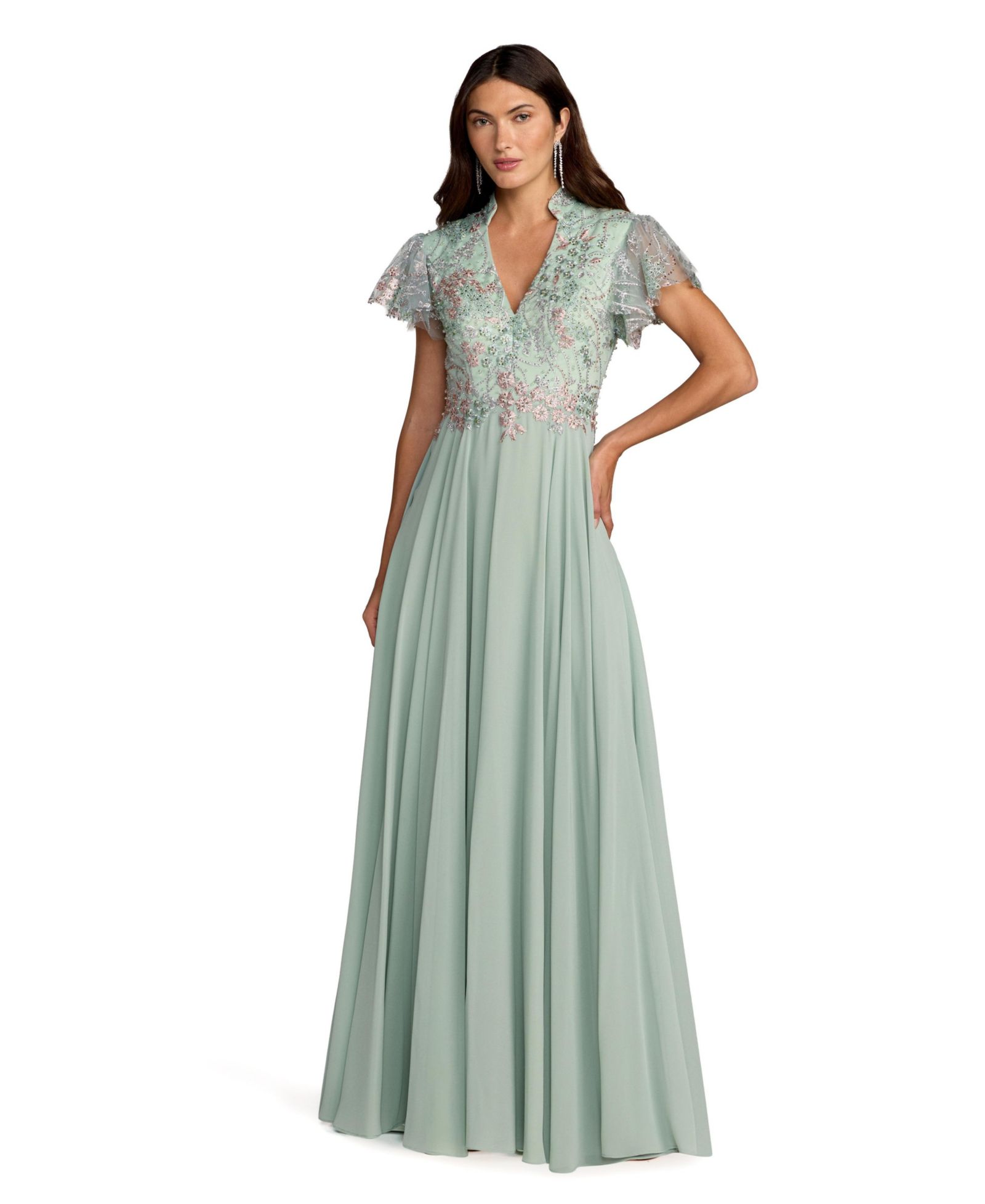 Mac Duggal Women's Embroidered Top Chiffon Skirt Ruffle Sleeve Gown