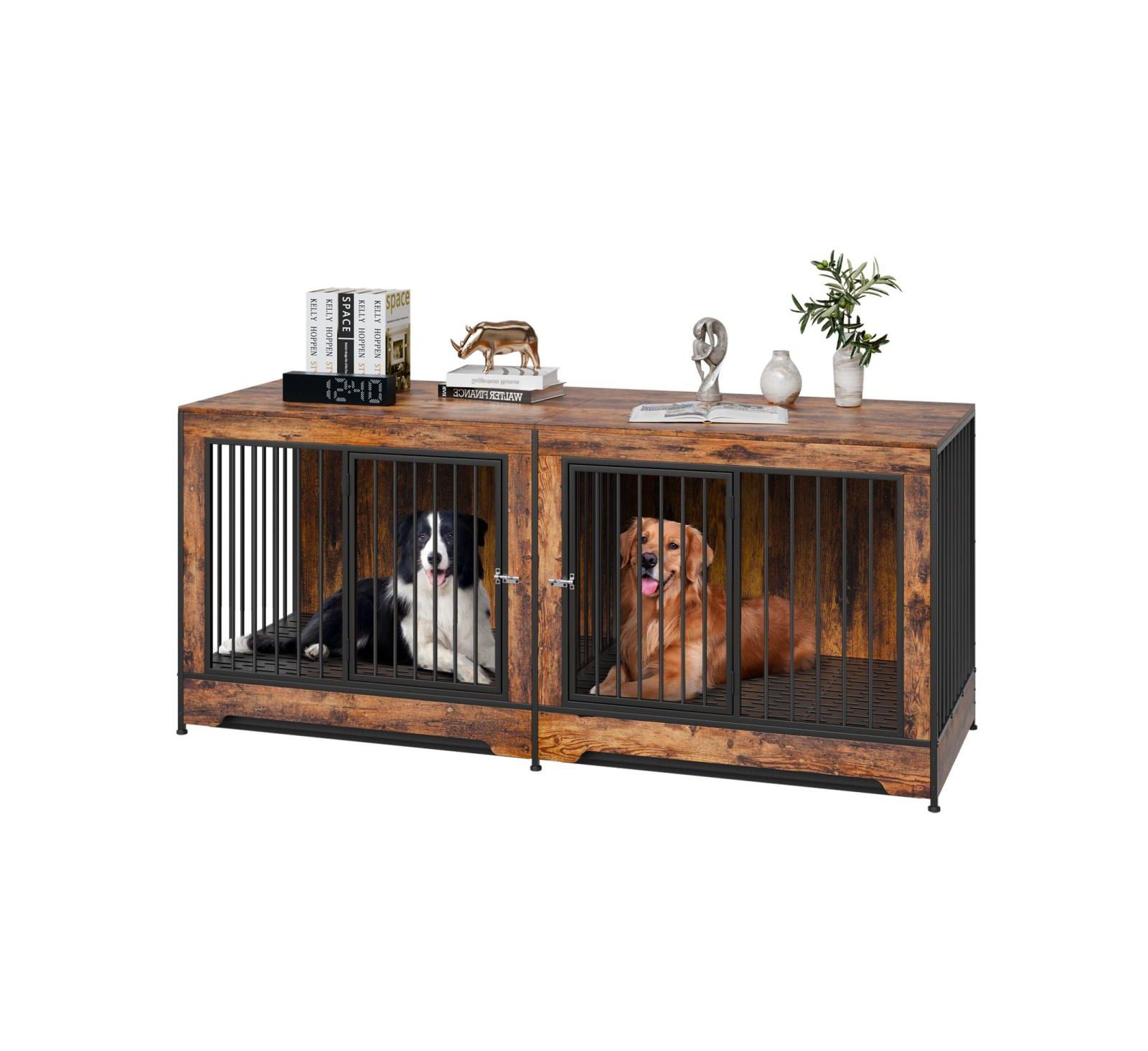 6thdruple 74" Dog House Kennel Table, Double Door Indoor Crate с divider and removable trays