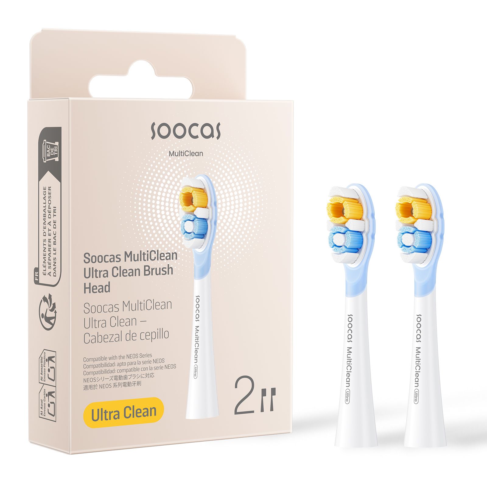 Soocas Multiclean Ultra Clean Electric Toothbrush Replacement Heads, Compatible with both NEOS II and NEOS II Ultra, 2 Brush Heads
