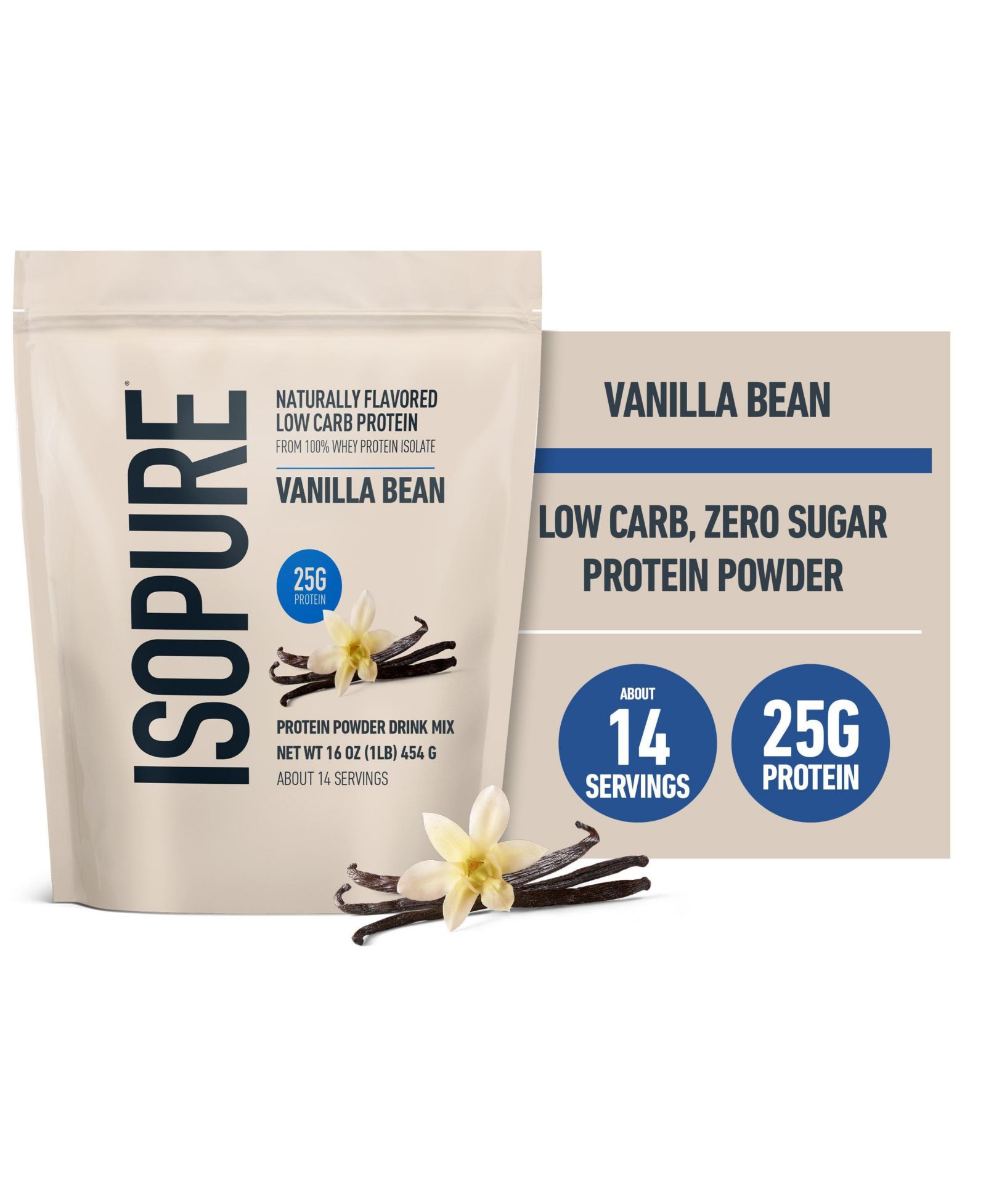 Isopure Low Carb Pure Whey Isolate Protein Powder, без лактозы, без глютена, с витаминами, Vanilla Bean, 25g белка на порцию, 14 порций