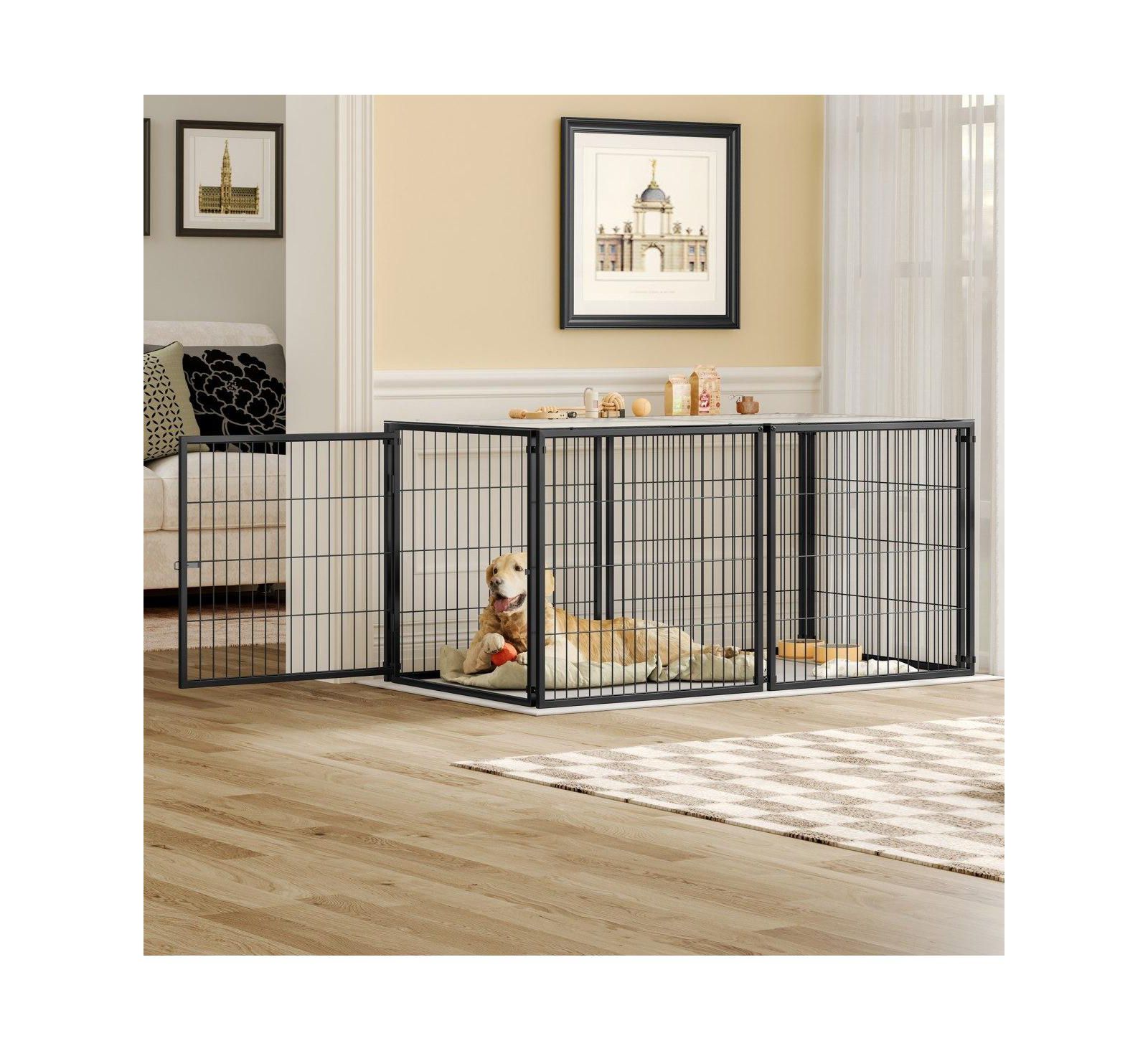 6thdruple Large Dog House Cage, 63" Black Iron Kennel with Top Cover and Customizable Door for Medium Dogs