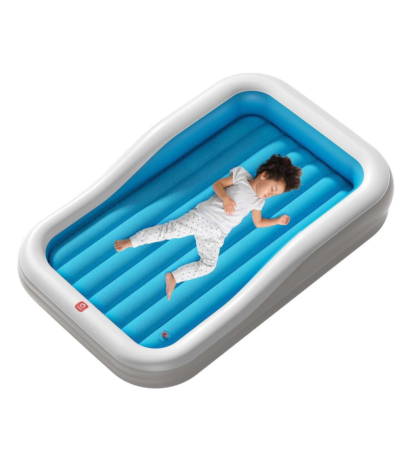 QPAU Inflatable Toddler Travel Bed with 3-Sided Safety Bumpers, Extra Large Kids Air Mattress, Includes Detachable Mattress, Portable