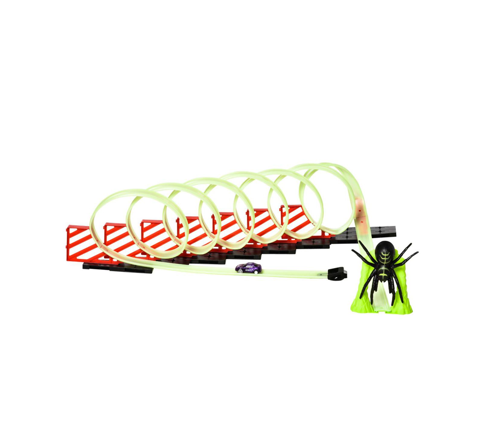 YOBTOP DIY glow-in-the-dark track builder with spider loop, pull-back car and lights, 33.75-inch race track fun.