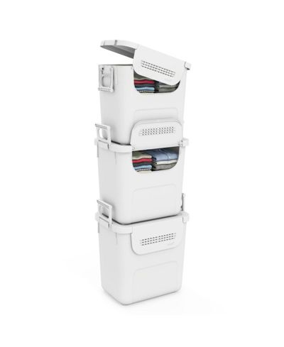 GOUUN 3-Piece Stackable PP Storage Bins with Front Door and Side Handles, 32 QT Each