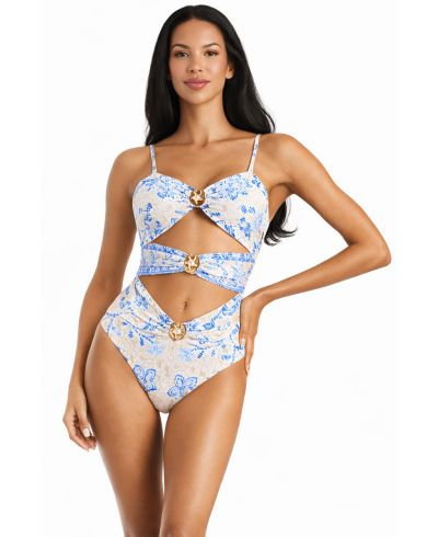 La Moda Clothing Women's Blue Floral Cut-Out One Piece Swimsuit - Elegant Resort Swimwear