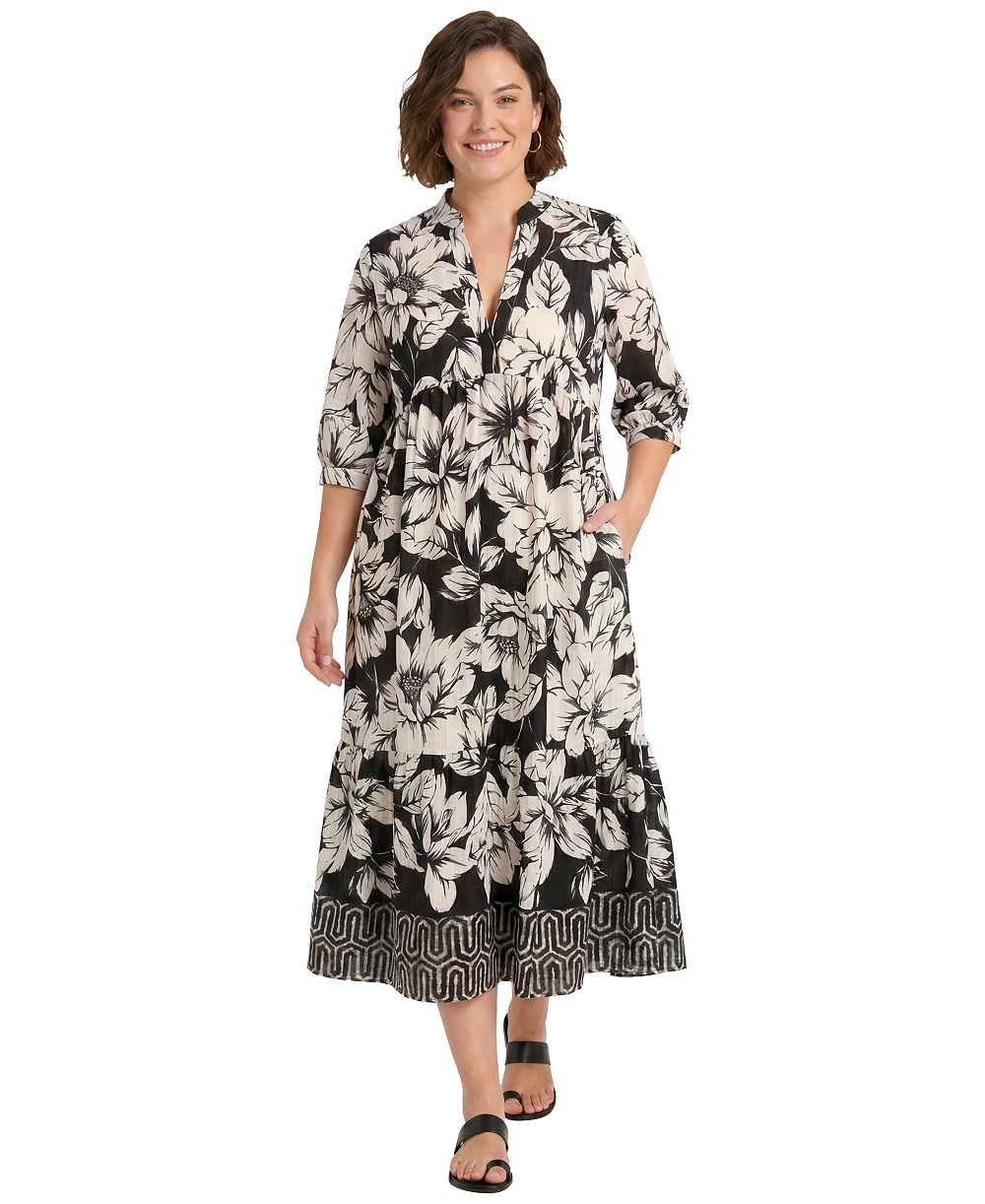 London Times Plus Size Collared Placement Print Dress