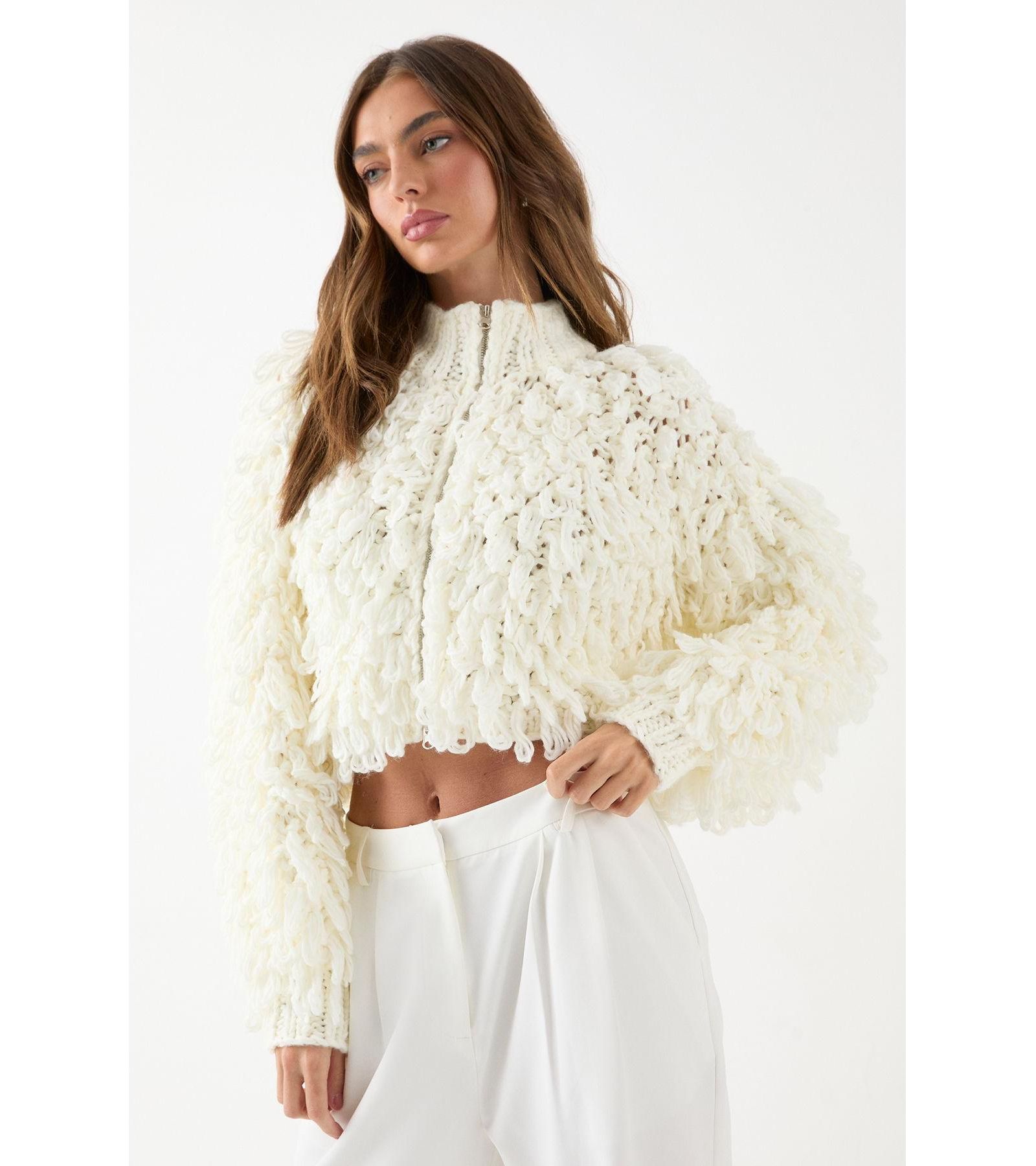 MissPap Women's Zip Up Cream Fringe Loop Cardigan
