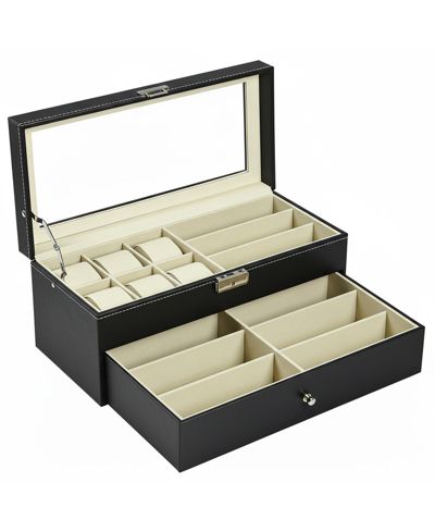 YIGII Leather 6 Watch Box 9 Eyeglasses Storage Lockable Organizer Two Levels Clear Glass Top