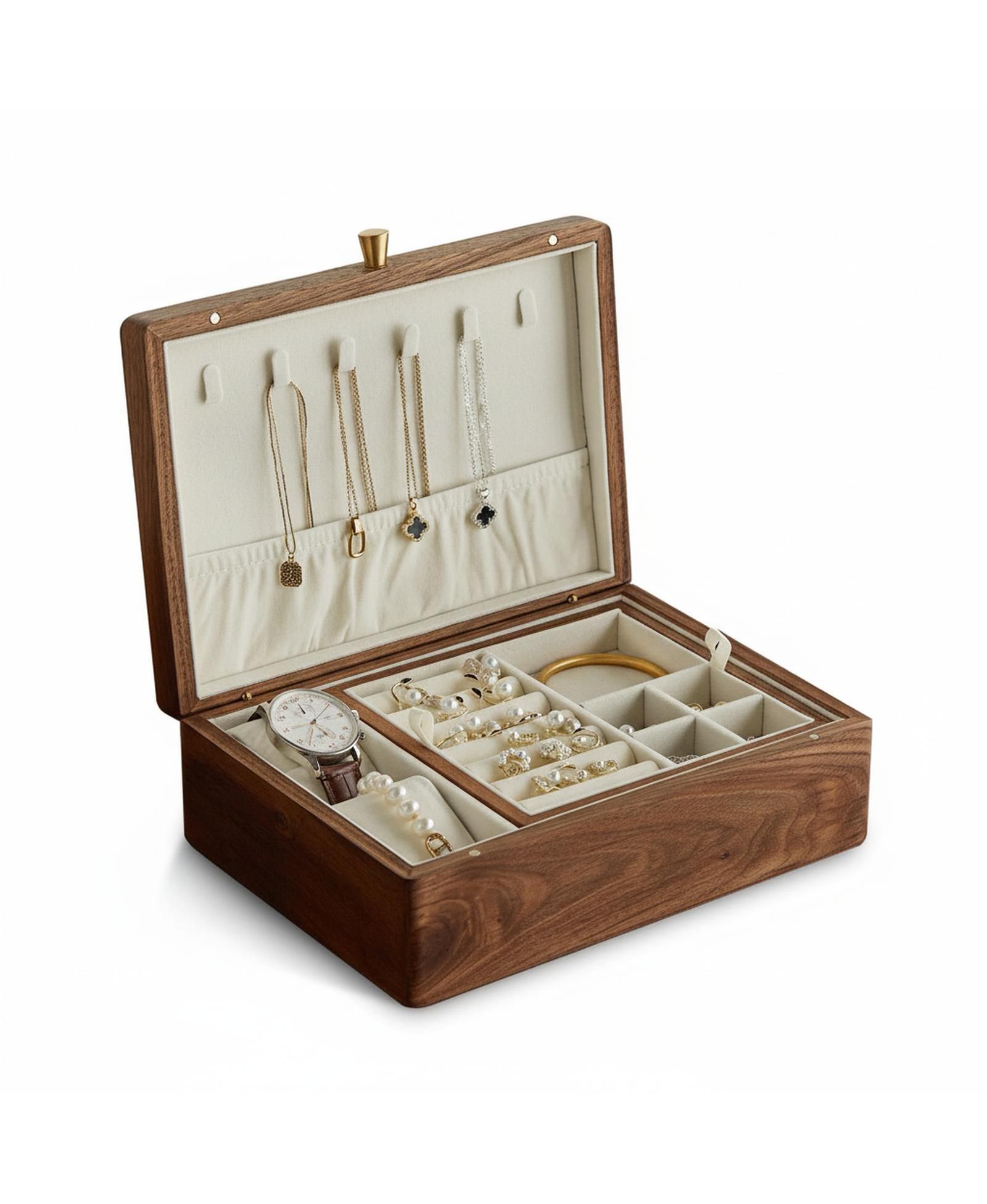 YIGII Black Walnut Solid Wooden 2 Layer Jewelry Organizer with Removable Tray Velvet Interior Magnet Closure Gift for Women