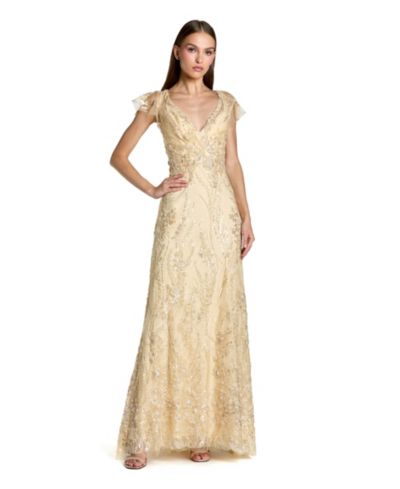 Женское вечернее платье Mac Duggal V Neck Flutter Sleeve Embroidered Lace