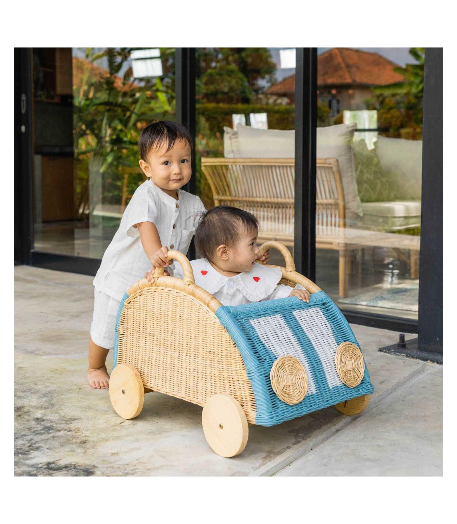 MOMIJI Archie Handcrafted Rattan Storage Wicker Wagon with Wooden Wheels