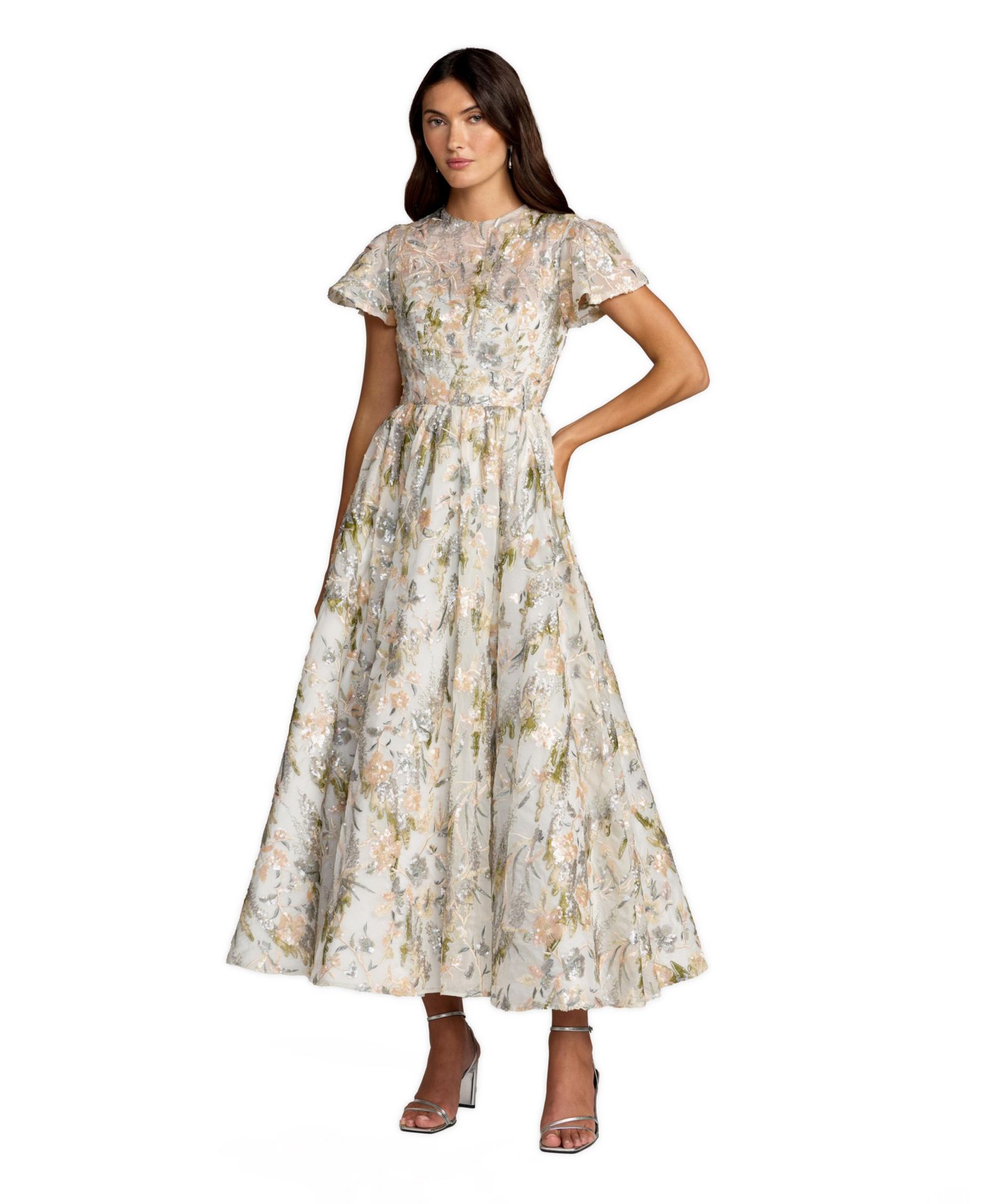 Mac Duggal Женский Multicolor Flutter Sleeve Sequin A-Line Midi Dress