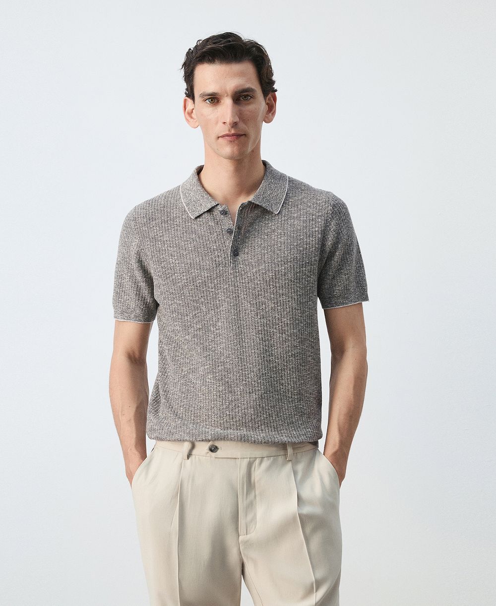 Mango Men's Ribbed Linen-Cotton-Blend Polo Shirt
