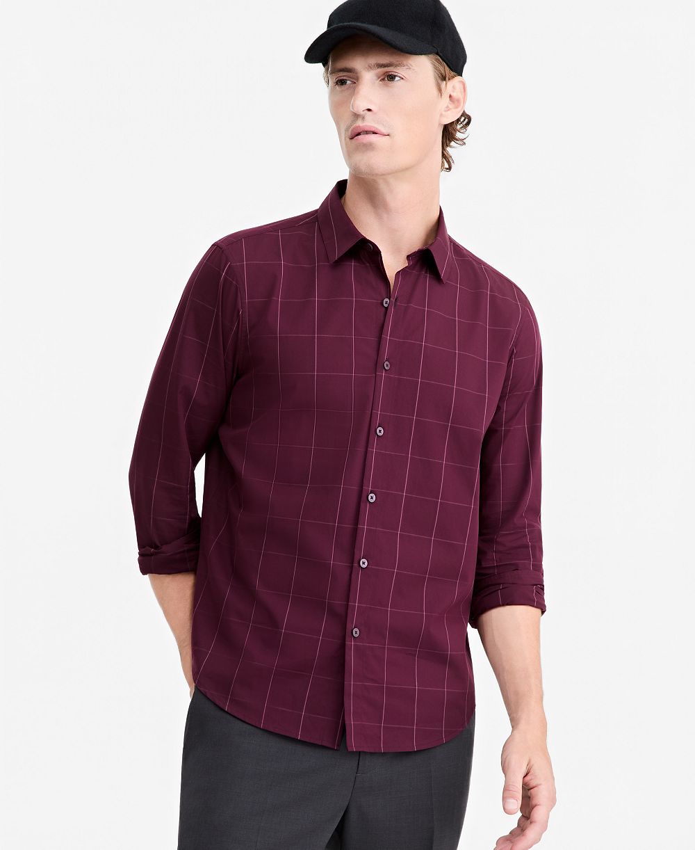 Alfani Men's Windowpane Cotton Poplin Button-Down Shirt, Macy's Exclusive