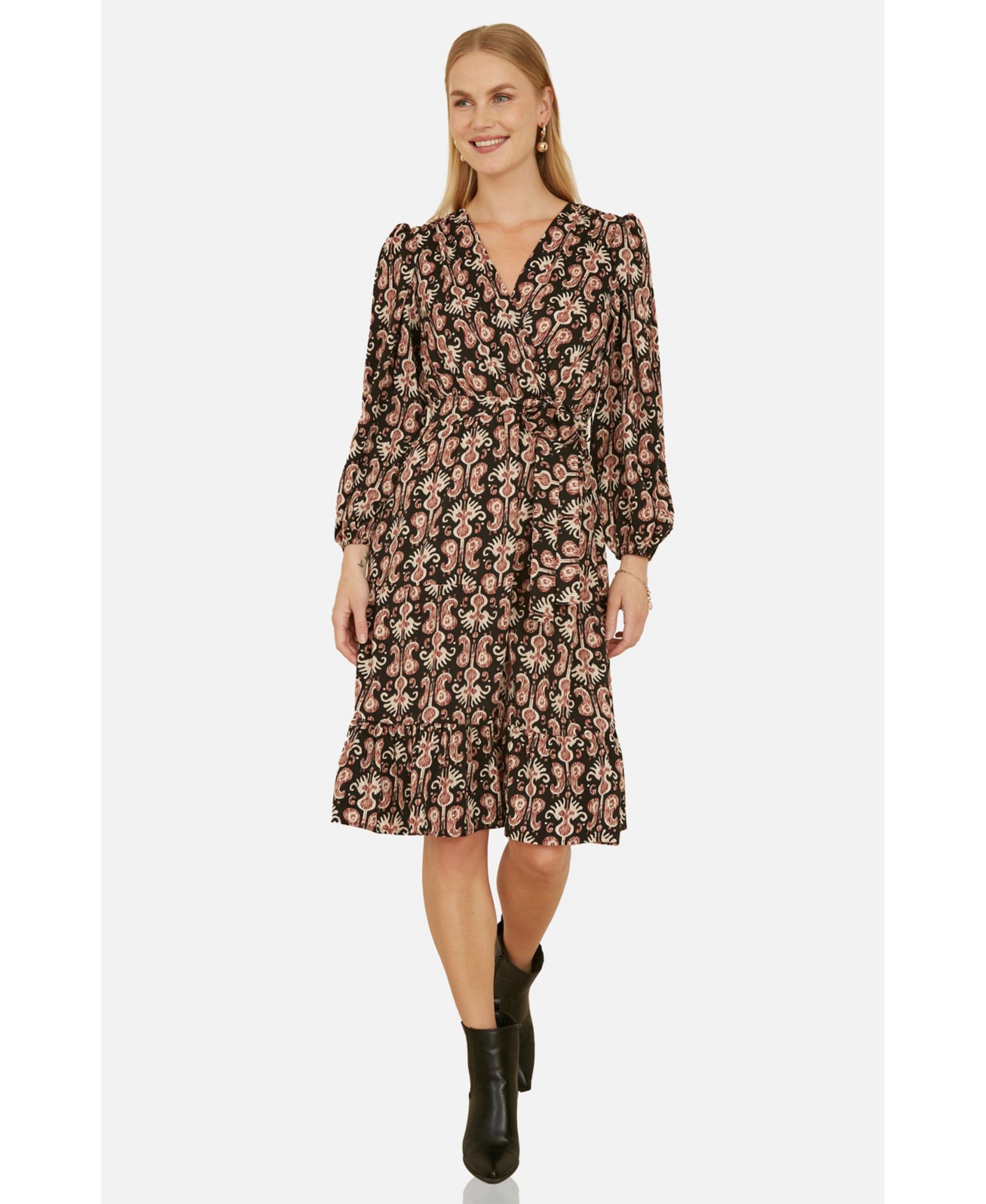 Yumi Women's Ikat Long Sleeve Skater Midi Dress