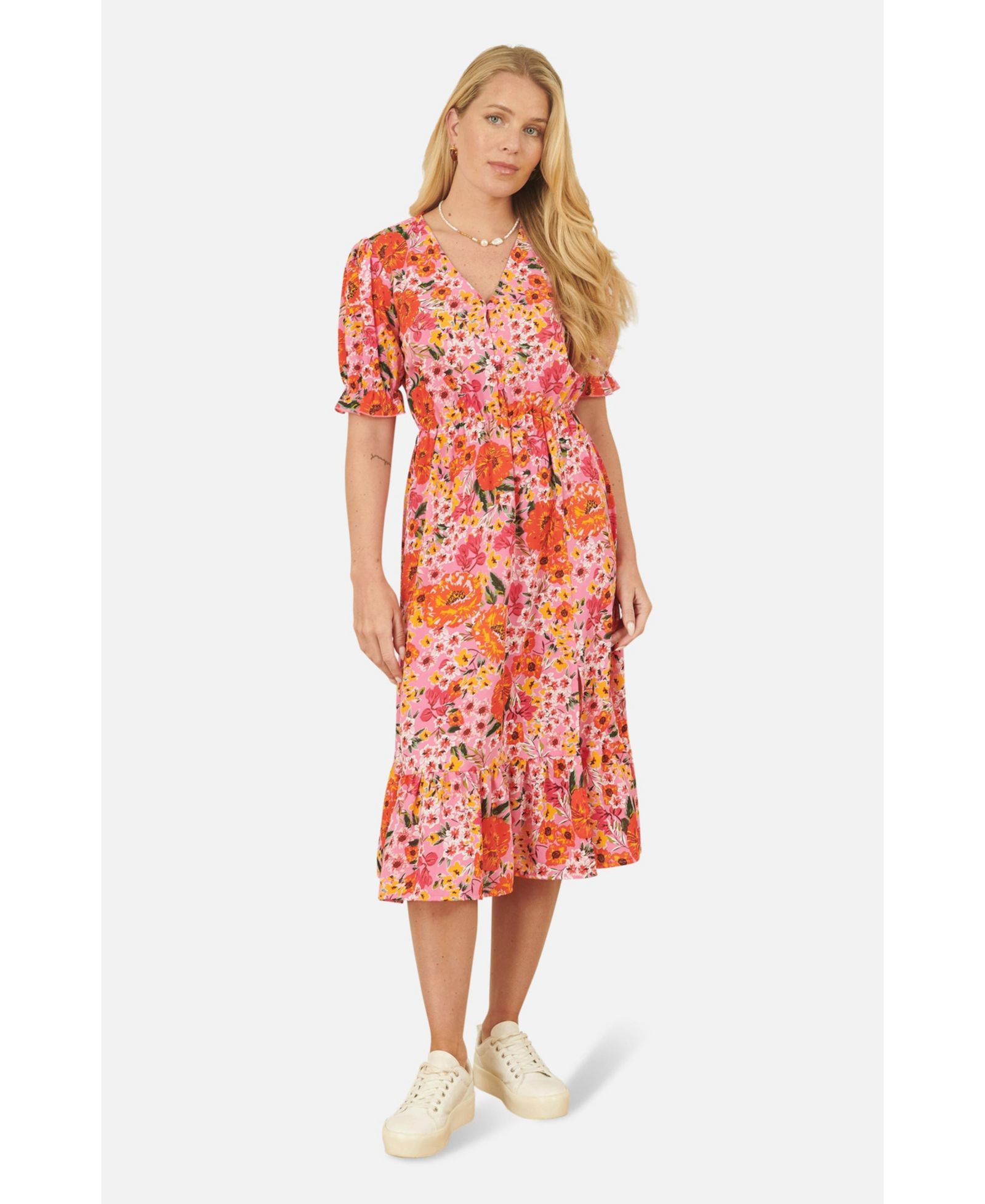 Yumi Women's Short Sleeve V-Neck Printed Midi Dress
