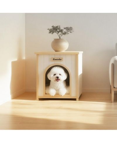 6thdruple Indoor Cream White Wood Pet House with Flat Roof