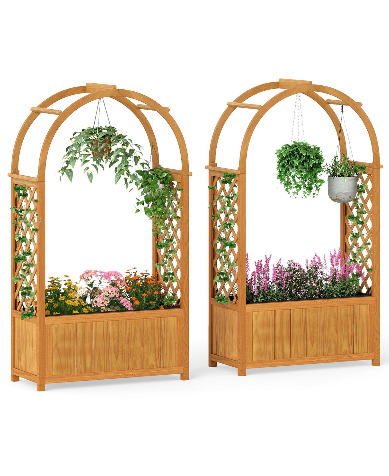 Gymax 2PCS Wooden Raised Garden Bed w/ Lattice Trellis Arched Roof Liner Drainage