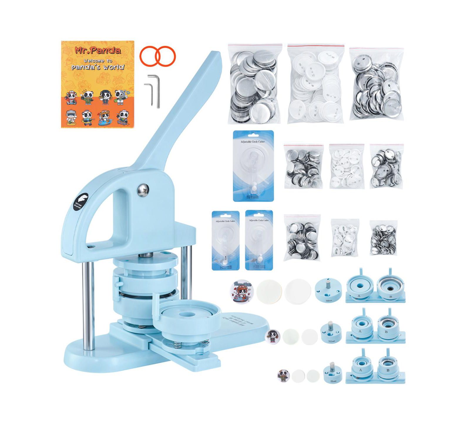 YOBTOP 3 in 1 Button Maker Machine, 25/32/58mm Pin Press Kit with 300 Button Parts, Arc Handle, Panda Magic Book, DIY Craft Set for Kids