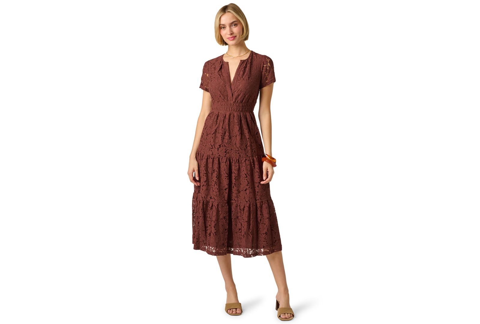 Adrianna Papell Women's Lace Detail Tiered Midi Dress