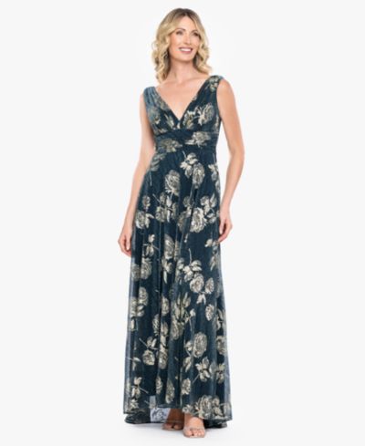 Betsy & Adam Женский Sleeveless V-Neck Metallic Floral Gown