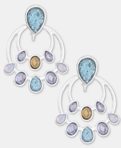 Anne Klein Silver-Tone Blue Stone Stationed Drop EZ Comfort Clip Earrings