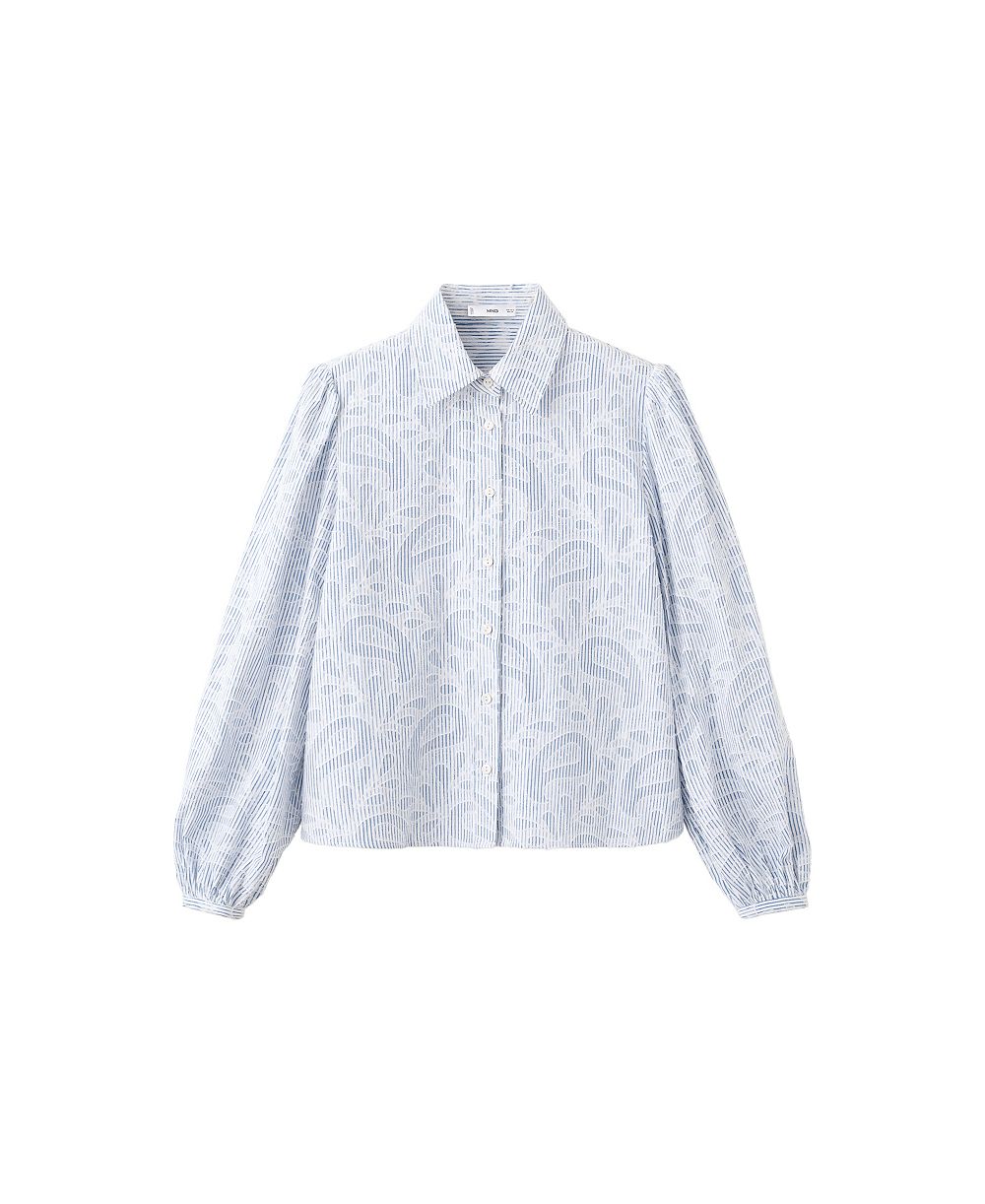 MANGO Women's Puff-Sleeve Embroidered Striped Shirt