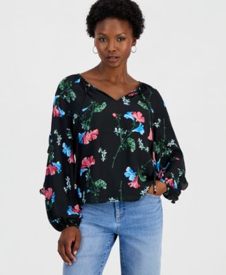 I.N.C. International Concepts Women's Petite Ruffle Floral-Print Long-Sleeve Blouse, Macy's Exclusive