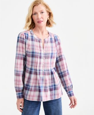 Style & Co Petite Claire Plaid V-Neck Long-Sleeve Blouse, Macy's Exclusive