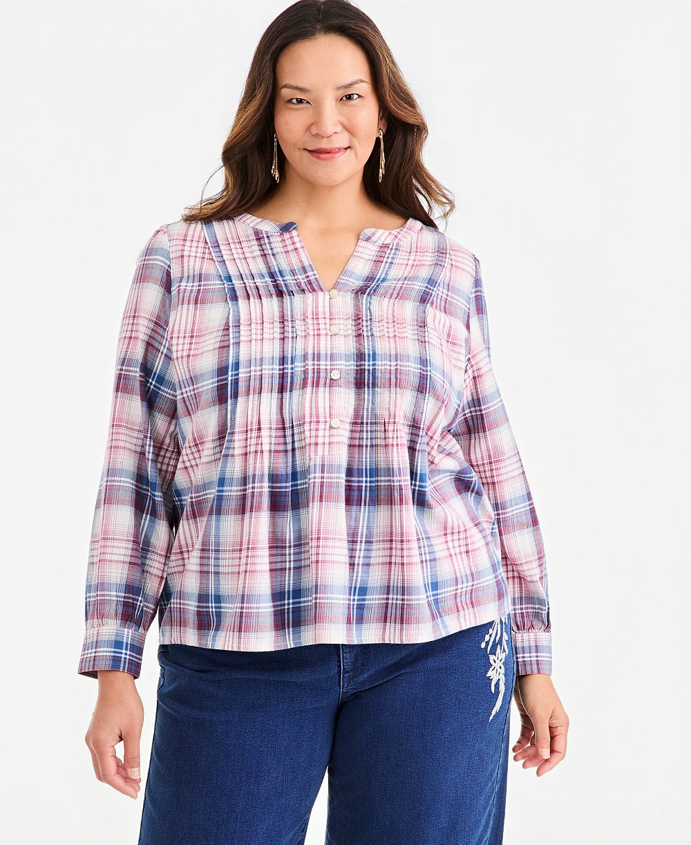 Style & Co Plus Size Plaid Pintuck Long-Sleeve Top, Macy's Exclusive