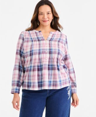 Style & Co Plus Size Plaid Pintuck Long-Sleeve Top, Macy's Exclusive