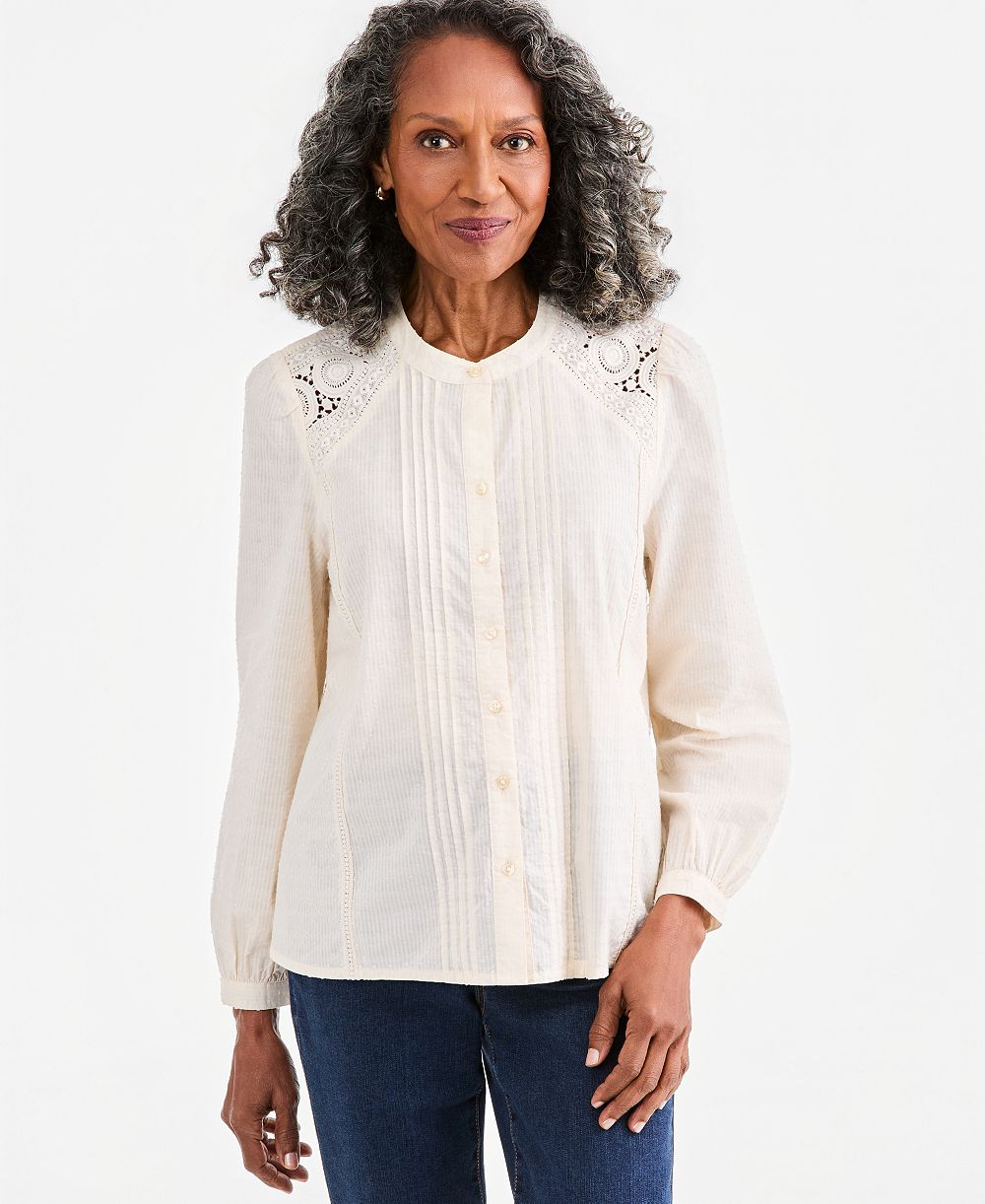 Style & Co Women's Button-Front Lace Trim Top, Macy's Exclusive
