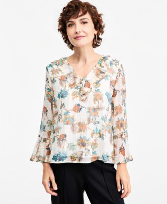 JM Collection Women's Shine Floral V-Neck Bell Sleeves Printed Blouse, Macy's Exclusive