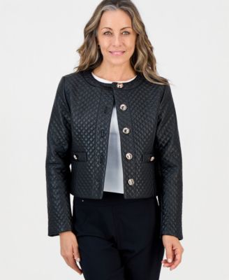 JM Collection Petite Quilted Faux-Leather Button-Front Jacket, Macy's Exclusive