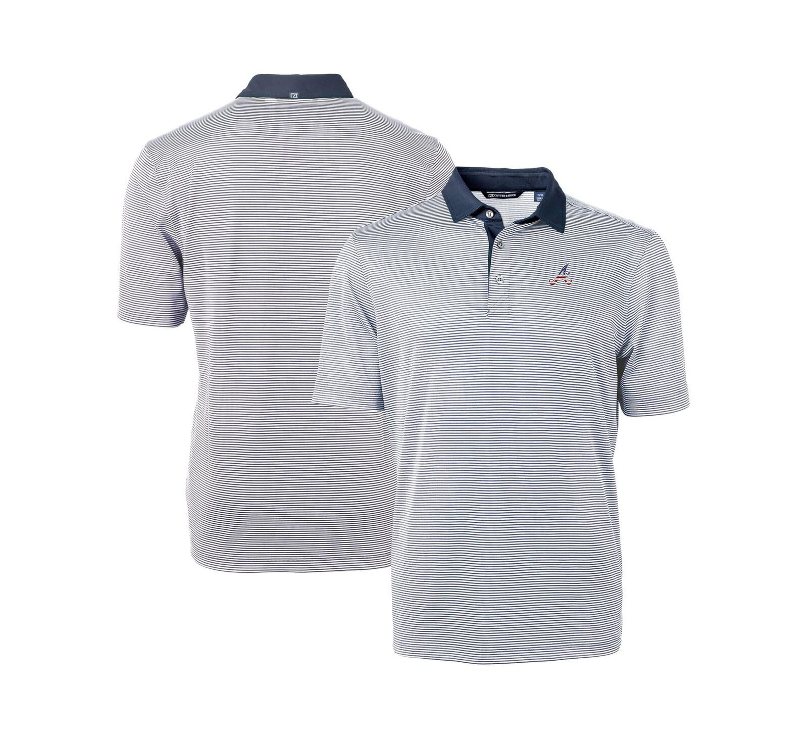 Cutter & Buck Men's Navy Atlanta Braves Americana Logo Virtue Eco Pique Stripe Polo Shirt