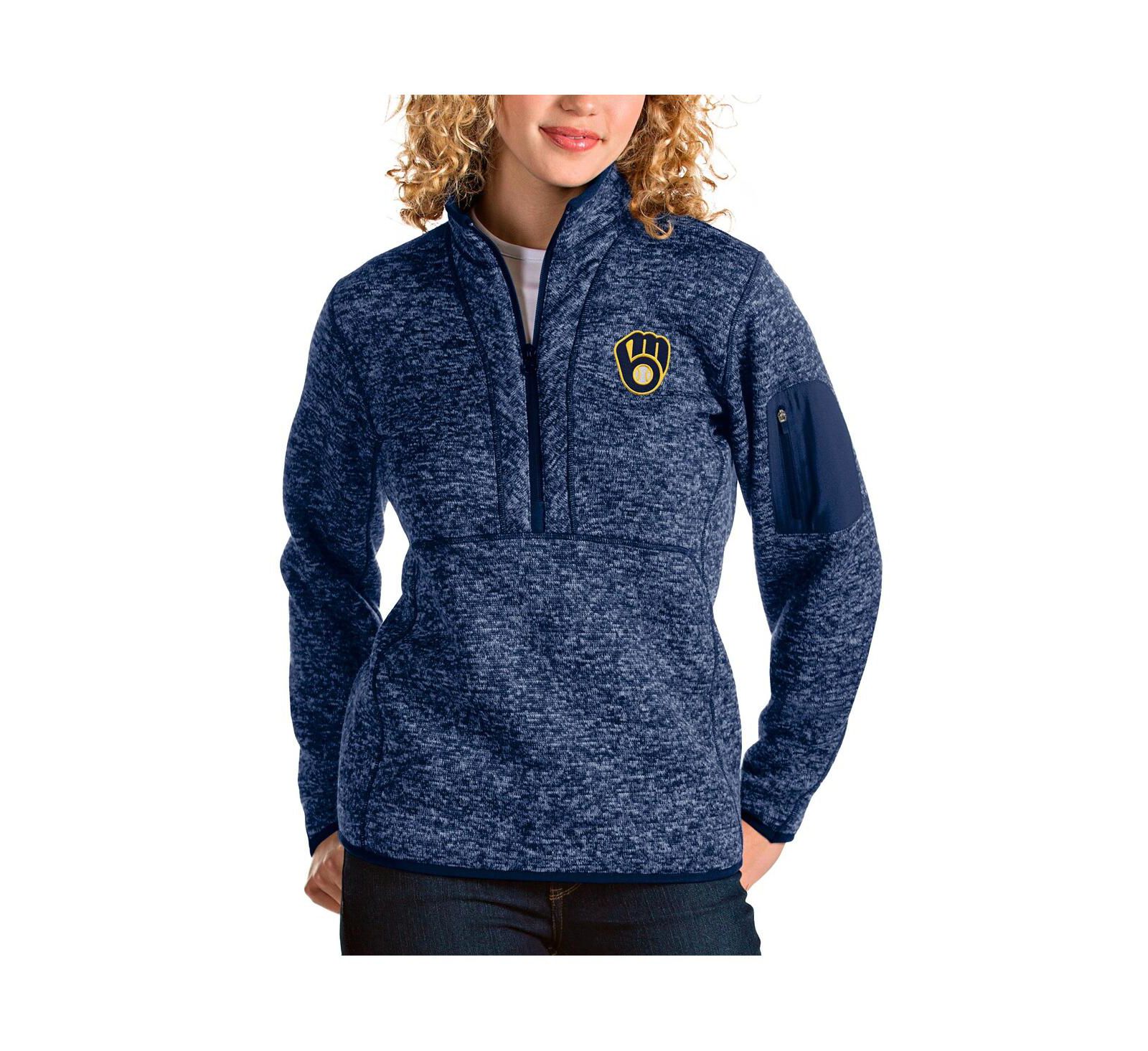 Antigua Women's Heather Navy Milwaukee Brewers Fortune Half-Zip Pullover Jacket