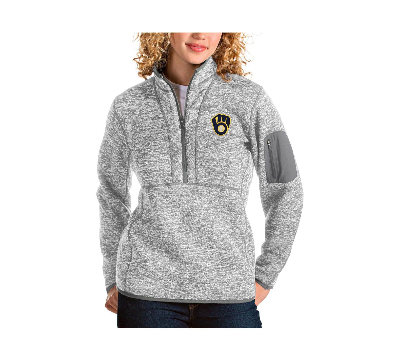 Antigua Women's Heather Gray Milwaukee Brewers Fortune Half-Zip Pullover Jacket