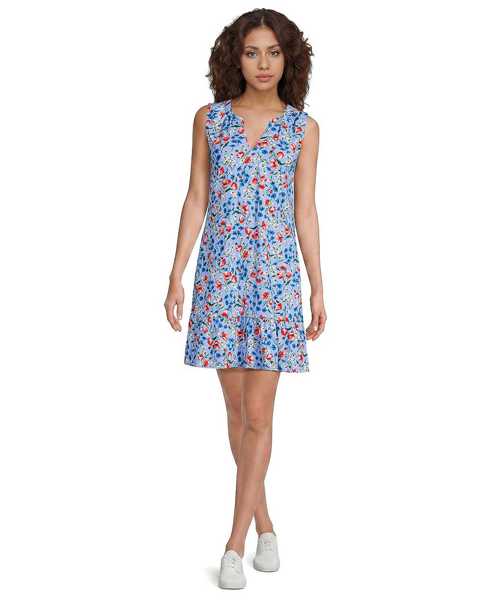 Женское хлопковое платье Lands' End Sleeveless Cotton Jersey Notch Neck Flounce Dress