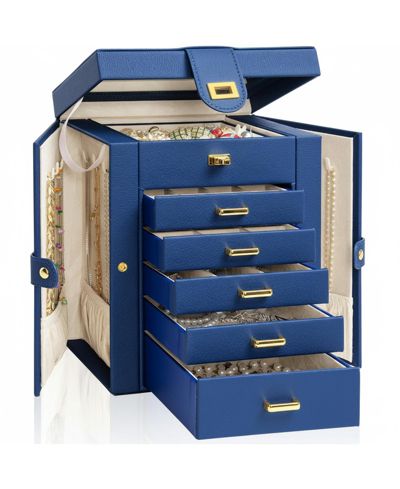 YIGII Extra Large 6-Tier Jewelry Organizer with Mirror 5 Drawers Leather Storage Case for Women