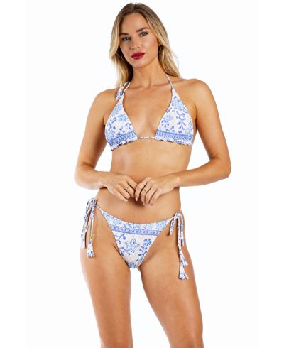 La Moda Clothing Women's Club Moda Blue Floral Bikini Set - Triangle Halter Top and Tie-Side Bottom Luxury Resort Swimwear