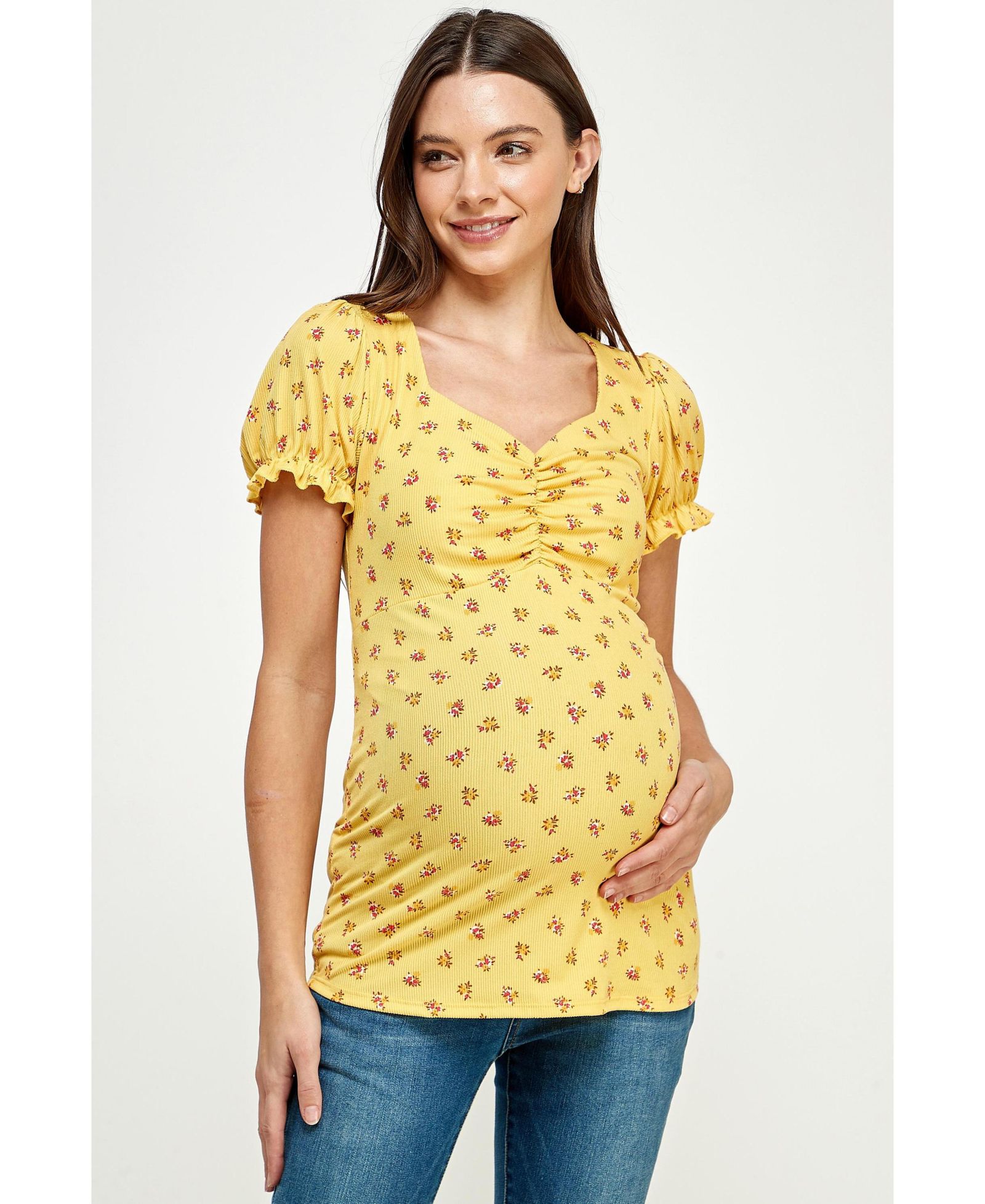 Женский топ Hello Miz Maternity Ribbed Floral Ruched Front с пышными рукавами